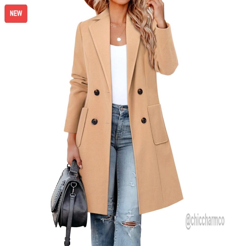 Women's Wool Blend Pea Coat, Notch Lapel, Double Breasted, Knee Length